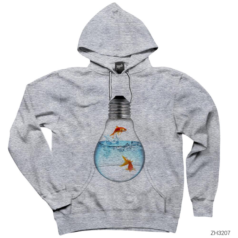 Balık ve Ampül Gri Kapşonlu Sweatshirt Hoodie