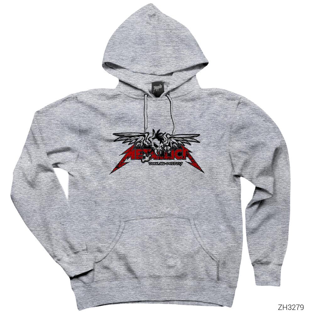 Metallica Seek and Destroy Skull Gri Kapşonlu Sweatshirt Hoodie