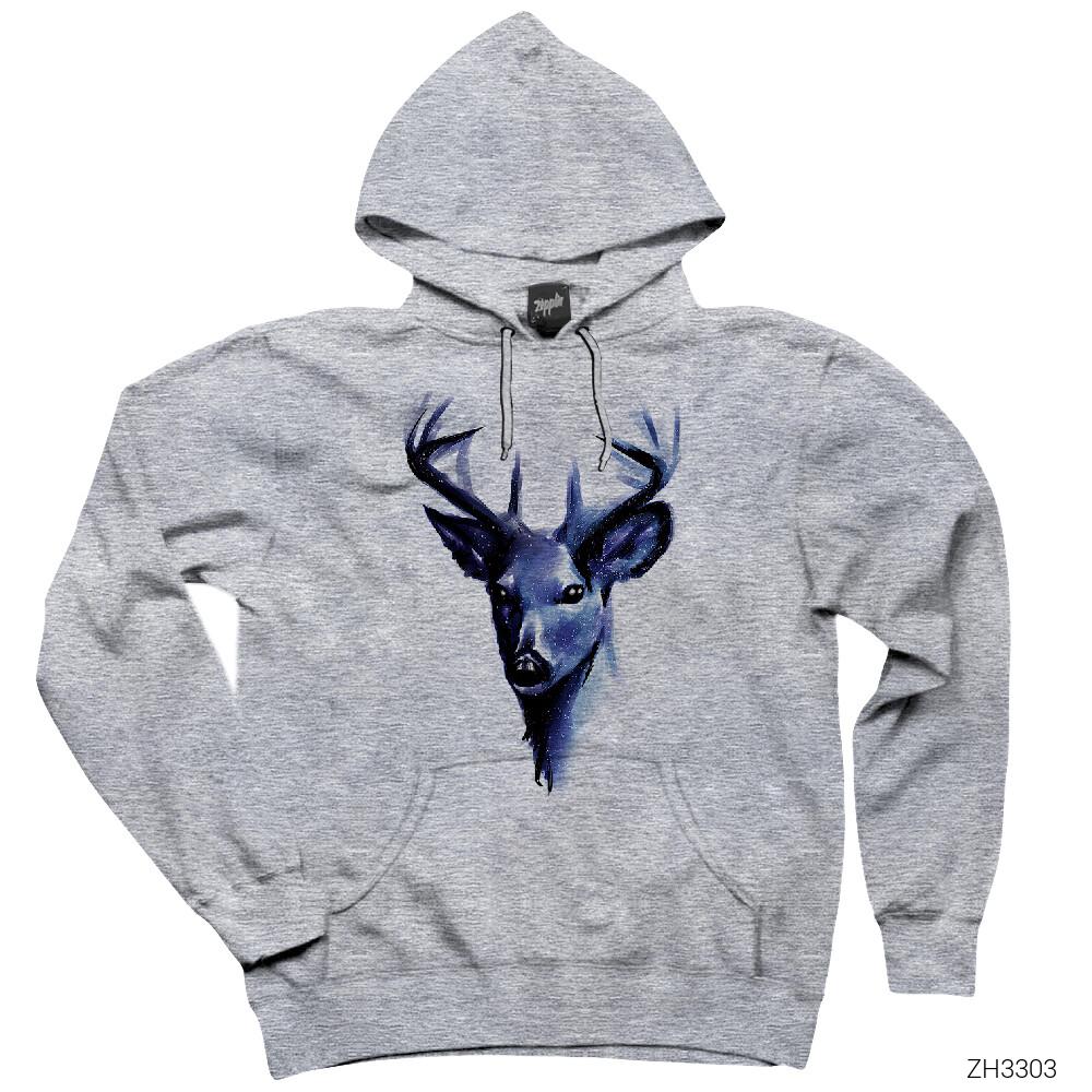 Geyik Geometrik Gri Kapşonlu Sweatshirt Hoodie