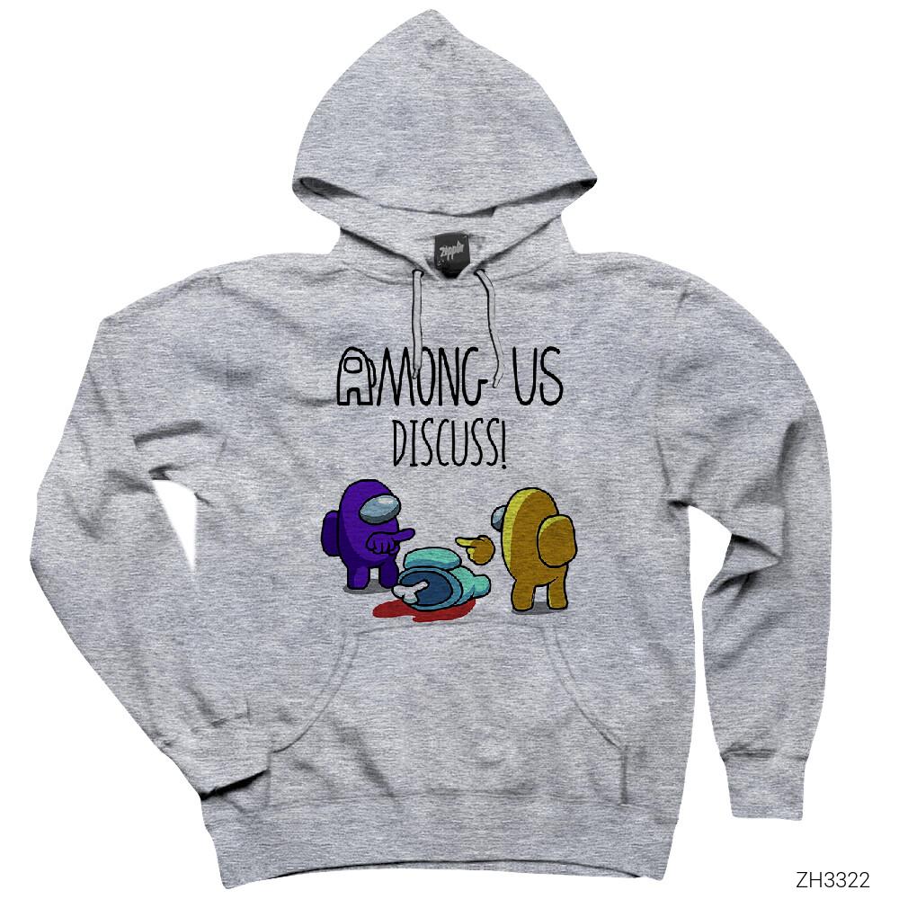 Among Us Discuss Gri Kapşonlu Sweatshirt Hoodie