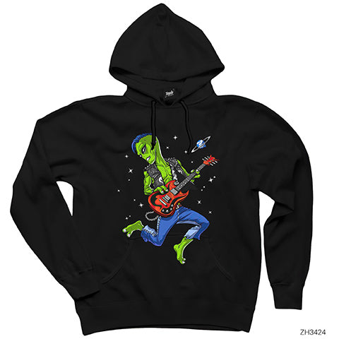 Alien Guitar Siyah Kapşonlu Sweatshirt Hoodie