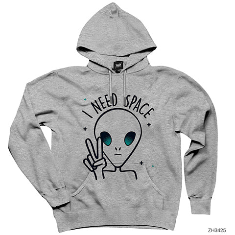 Alien I Need Space Gri Kapşonlu Sweatshirt Hoodie