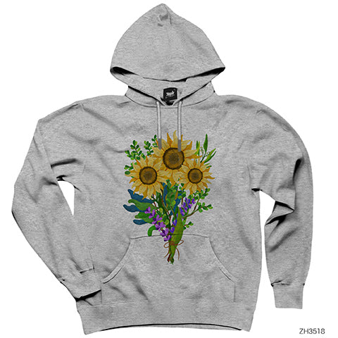 Ayçiçeği Buketi Gri Kapşonlu Sweatshirt Hoodie