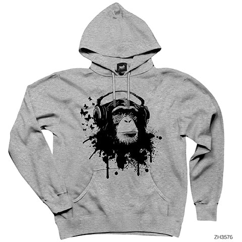 Maymun ve Müzik Gri Kapşonlu Sweatshirt Hoodie
