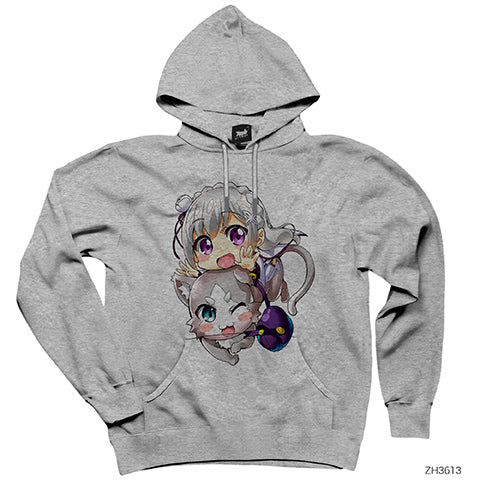 Re Zero Emilia and Pack Gri Kapşonlu Sweatshirt Hoodie