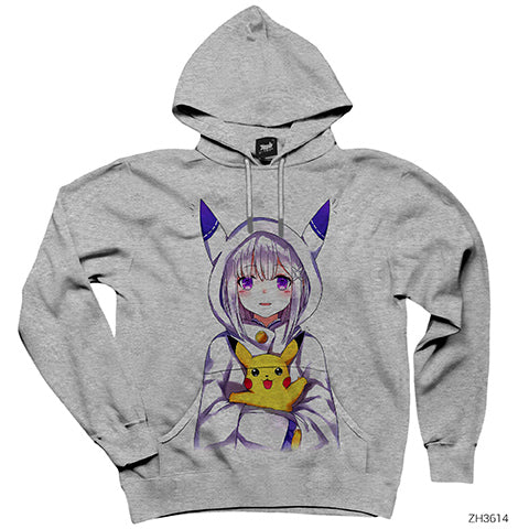 RE Zero Emilia and Pikachu Gri Kapşonlu Sweatshirt Hoodie