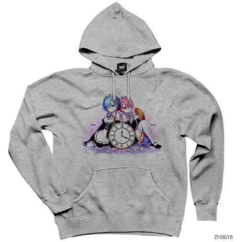 Re Zero Rem and Ram Gri Kapşonlu Sweatshirt Hoodie