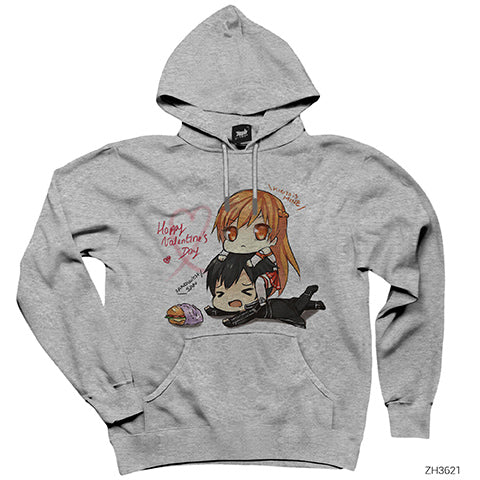 Sword Art Online Asuna and Kirito Gri Kapşonlu Sweatshirt Hoodie