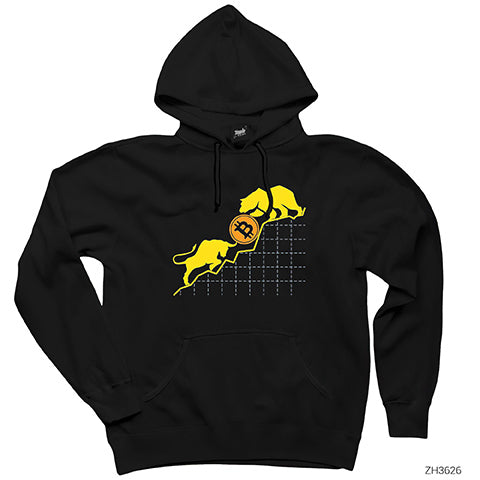 Bitcoin Kripto Para Ayı ve Boğa Siyah Kapşonlu Sweatshirt Hoodie