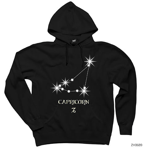 Oğlak Burcu Stars Siyah Kapşonlu Sweatshirt Hoodie