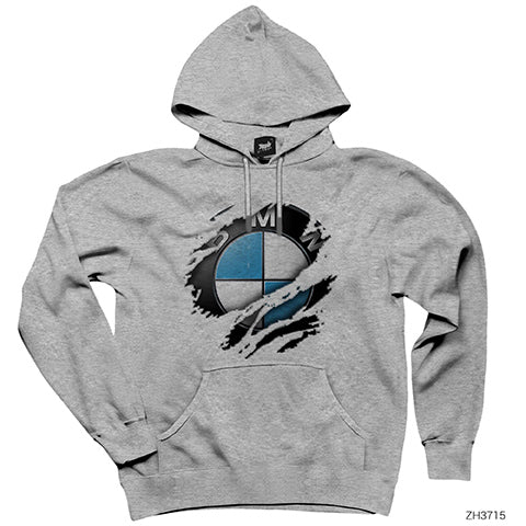 BMW Tear Torn Gri Kapşonlu Sweatshirt Hoodie