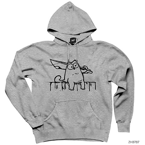Bıçaklı Kedi Gri Kapşonlu Sweatshirt Hoodie