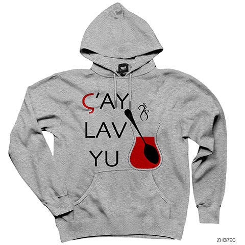 Çay Lav Yu Gri Kapşonlu Sweatshirt Hoodie