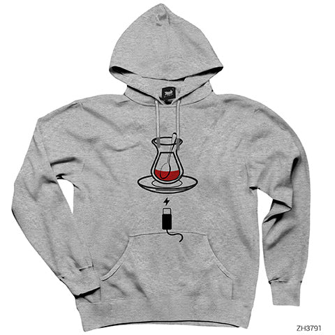 Çay ve Şarj Gri Kapşonlu Sweatshirt Hoodie