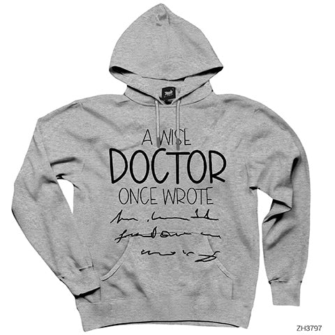 Doktor Yazısı Gri Kapşonlu Sweatshirt Hoodie