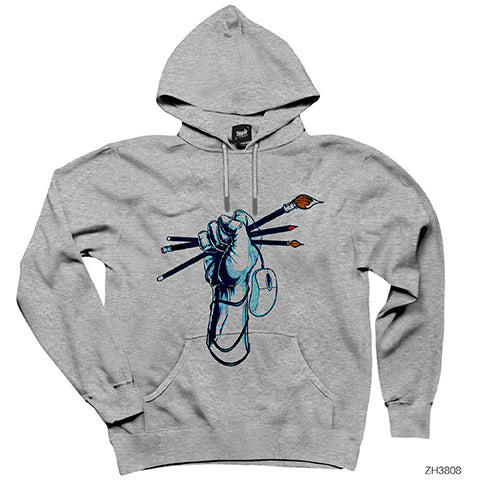 Graphic Designer Gri Kapşonlu Sweatshirt Hoodie