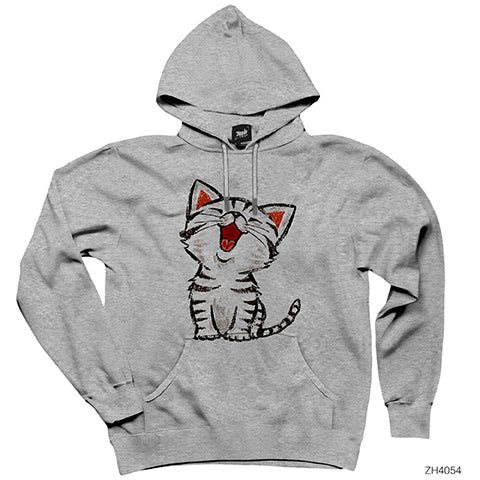 Beyaz Yavru Kedi Gri Kapşonlu Sweatshirt Hoodie