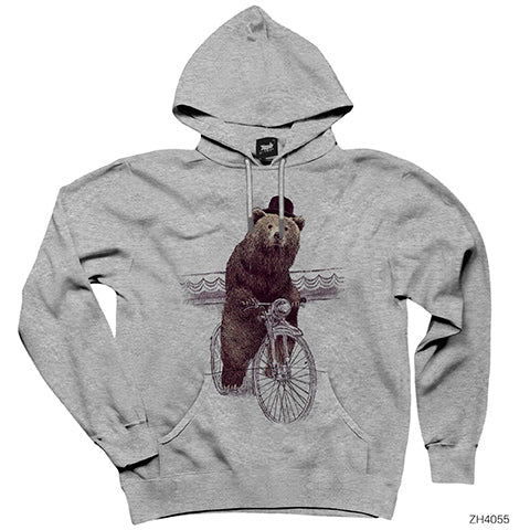 Bisikletli Ayı Gri Kapşonlu Sweatshirt Hoodie