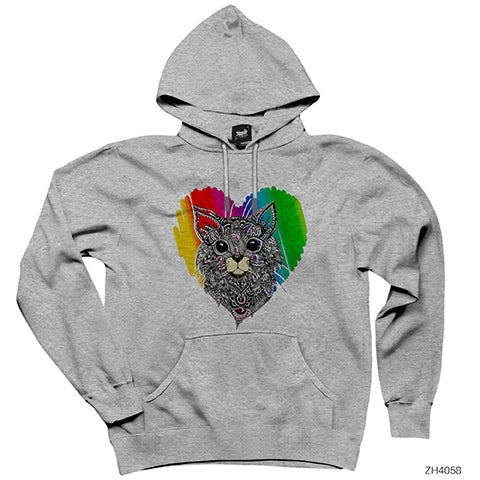 Kedi Gökkuşağı Gri Kapşonlu Sweatshirt Hoodie