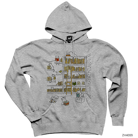 Kediler Kütüphanede Gri Kapşonlu Sweatshirt Hoodie
