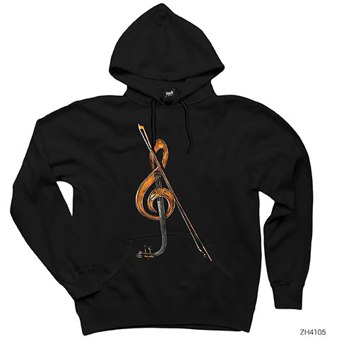 Sol Anahtarı ve Keman Siyah Kapşonlu Sweatshirt Hoodie