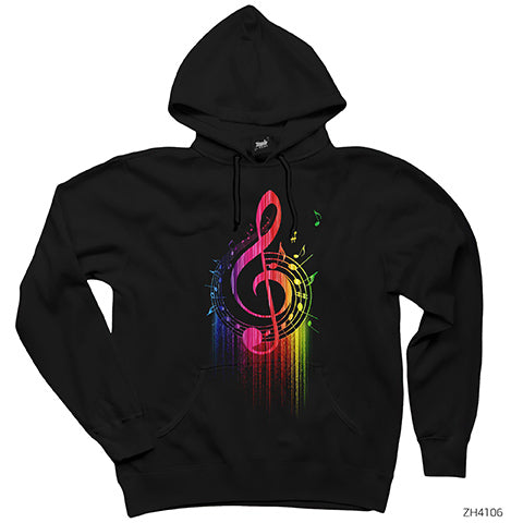Sol Anahtarı ve Notalar Siyah Kapşonlu Sweatshirt Hoodie