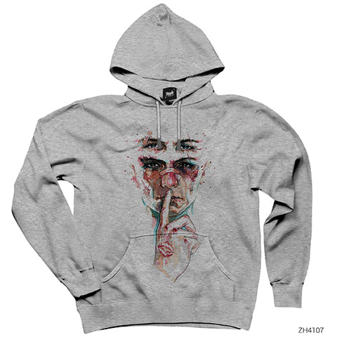 Suluboya Portre Gri Kapşonlu Sweatshirt Hoodie