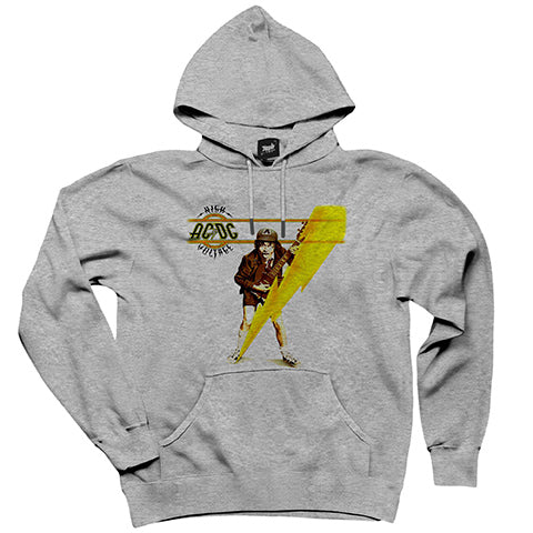 AC DC High Voltage Framed Gri Kapşonlu Sweatshirt Hoodie