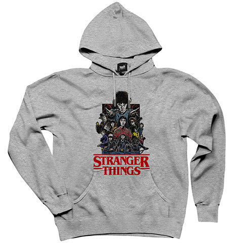 Stranger Things Characters Gri Kapşonlu Sweatshirt Hoodie