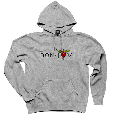 Bon Jovi in Heart Gri Kapşonlu Sweatshirt Hoodie