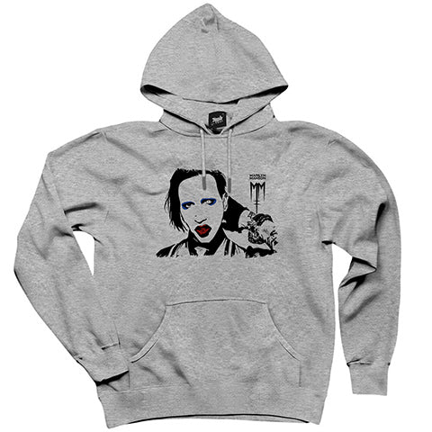 Marilyn Manson Portre Gri Kapşonlu Sweatshirt Hoodie