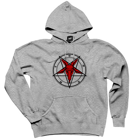 Pentagram Goat Head Gri Kapşonlu Sweatshirt Hoodie
