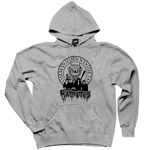 Ramones Text and Group Gri Kapşonlu Sweatshirt Hoodie