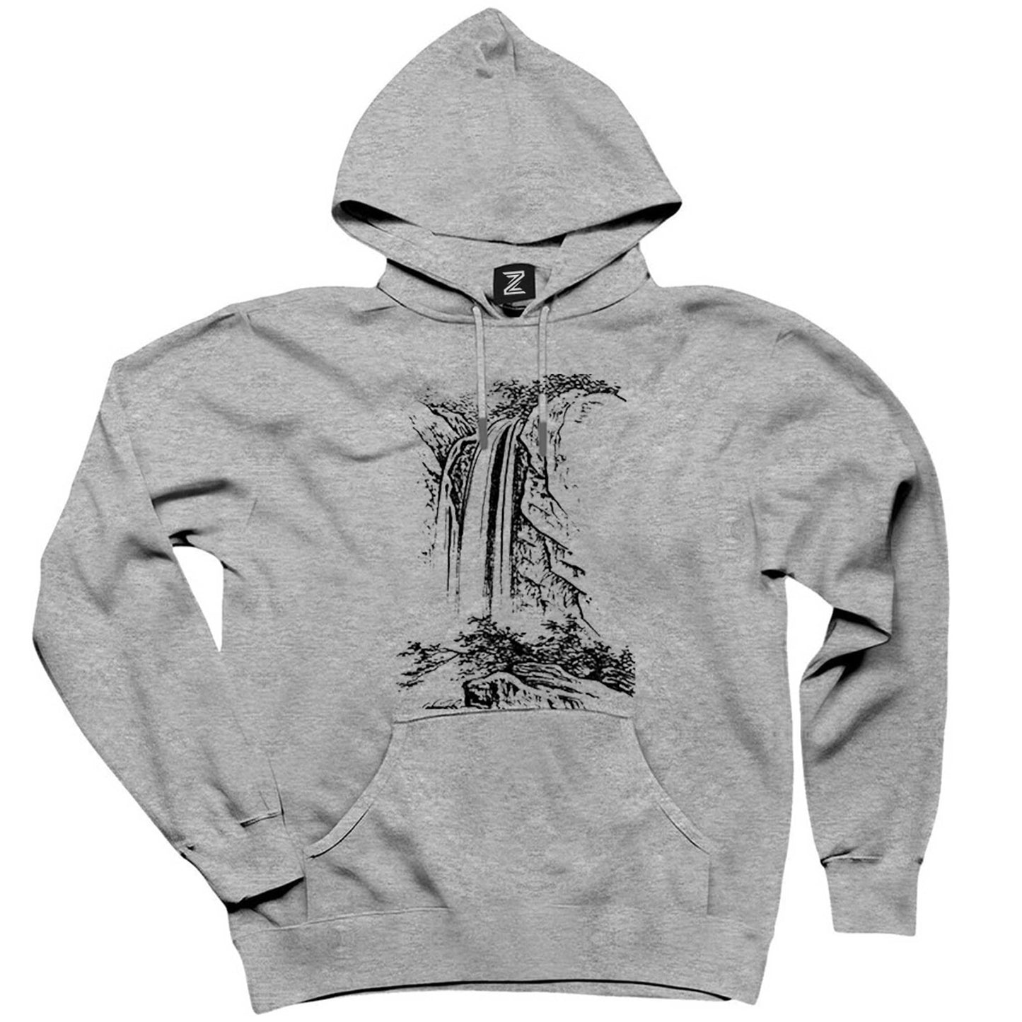 Black Silhouette Of Waterfall Gri Kapşonlu Sweatshirt Hoodie