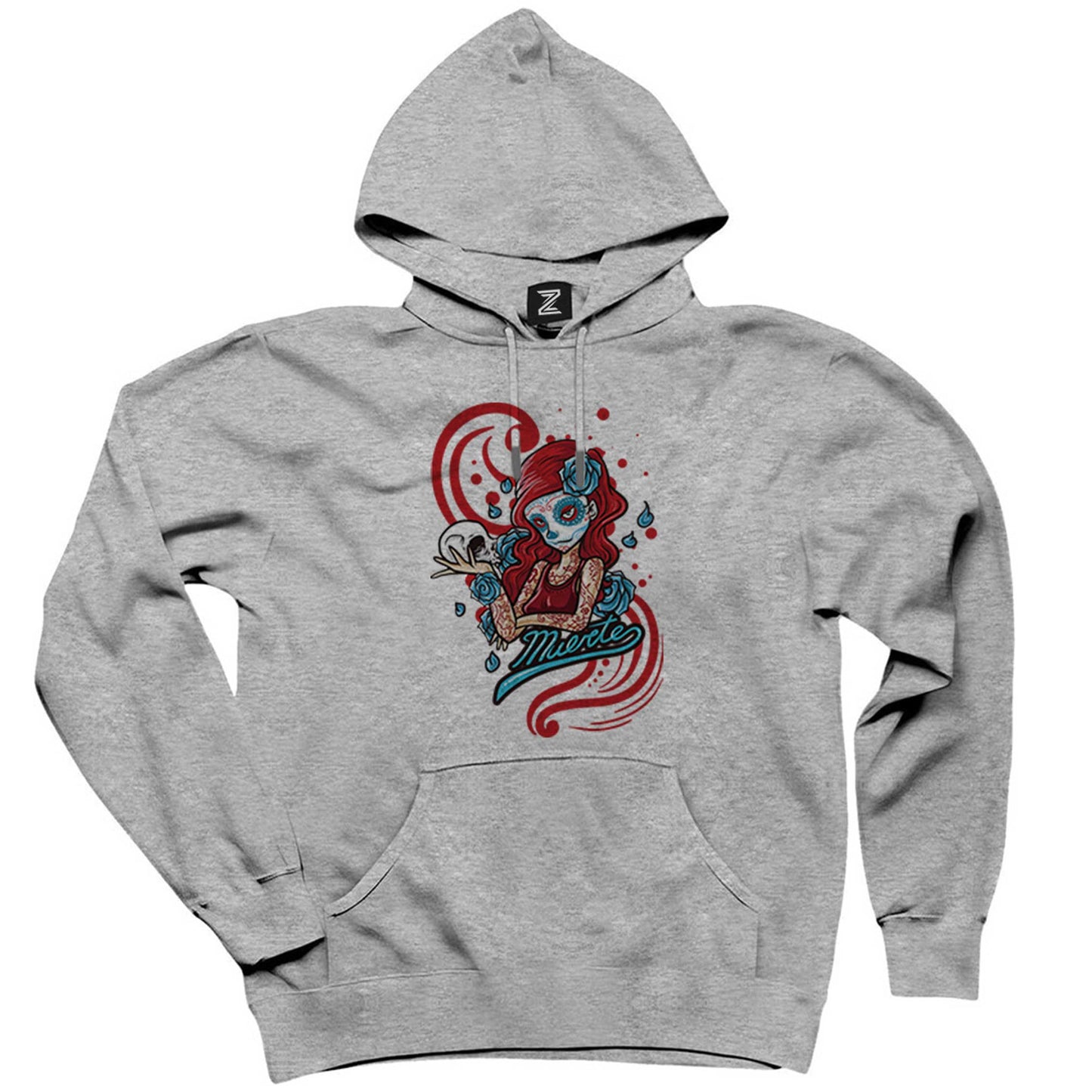Model Girl With Red Tatto Cartoon Gri Kapşonlu Sweatshirt Hoodie