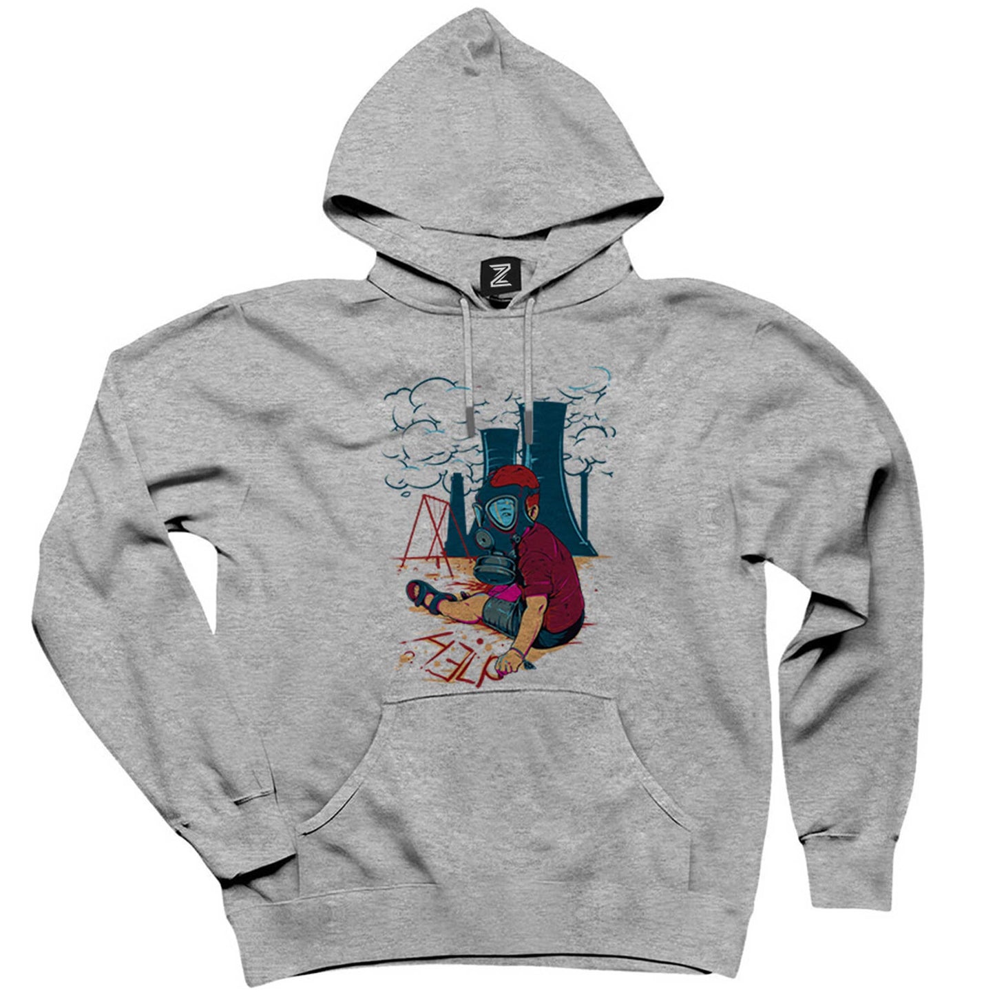 Gas Mask Boy Cartoon Gri Kapşonlu Sweatshirt Hoodie