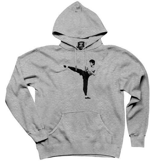 Bruce Lee Kick Deffense Gri Kapşonlu Sweatshirt Hoodie