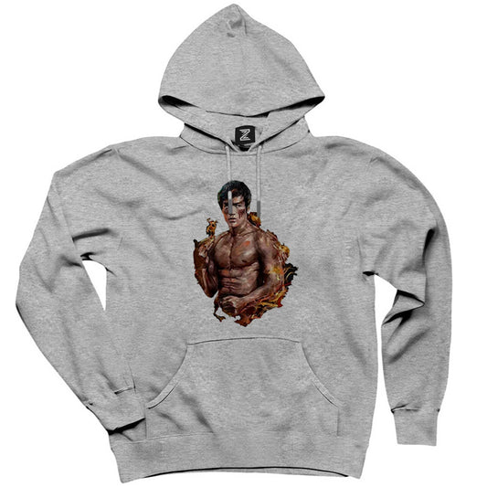 Bruce Lee Kick Dragon Gri Kapşonlu Sweatshirt Hoodie