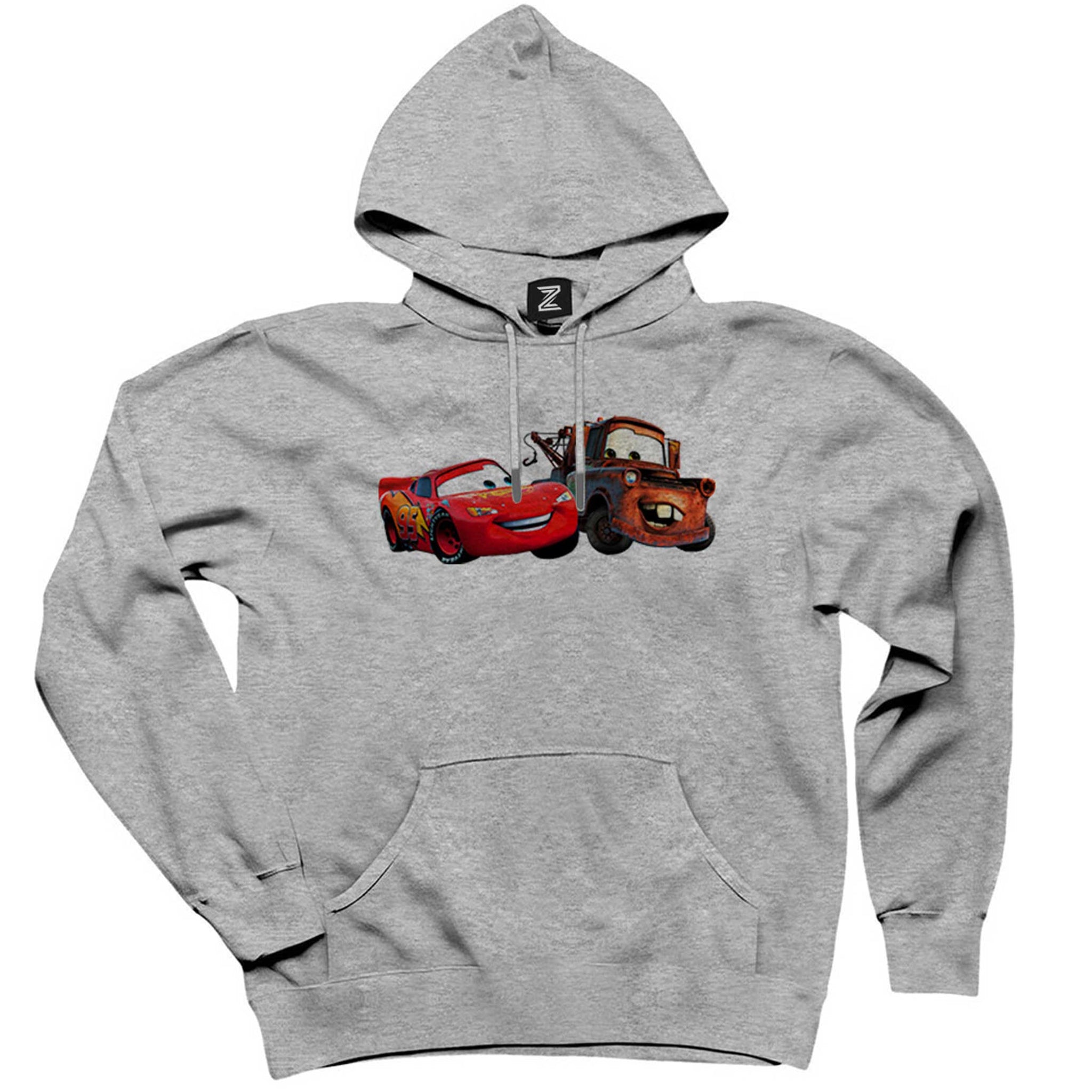 Şimşek McQueen ve Tow Mater Arabalar Gri Kapşonlu Sweatshirt Hoodie