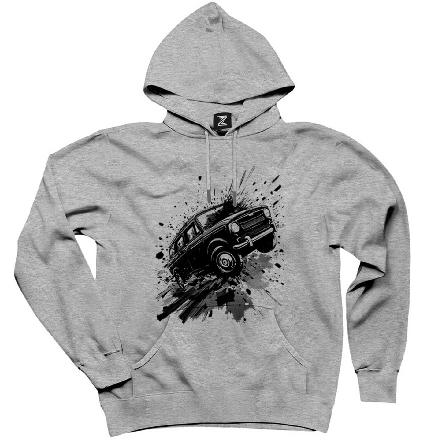 Cartoonish Travelling Black Car Gri Kapşonlu Sweatshirt Hoodie