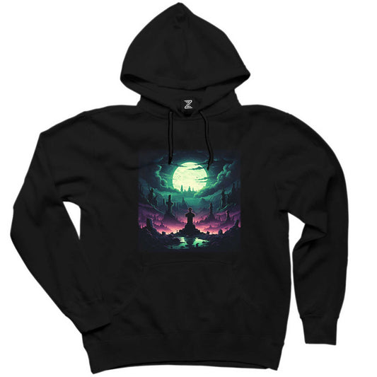 Cemetery illuminated By An Aurora Siyah Kapşonlu Sweatshirt Hoodie