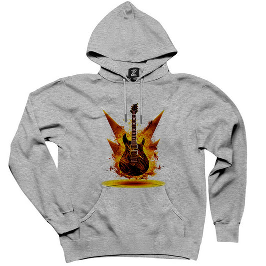 Classic Guitar Yellow Fire Gri Kapşonlu Sweatshirt Hoodie