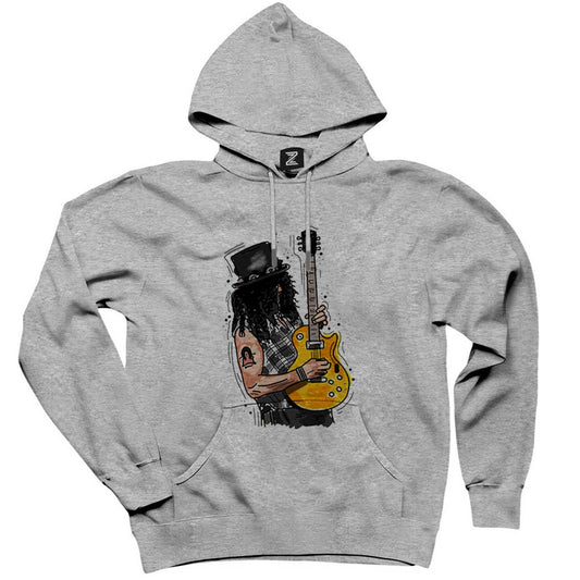 Slash Guitar Cartoon Gri Kapşonlu Sweatshirt Hoodie