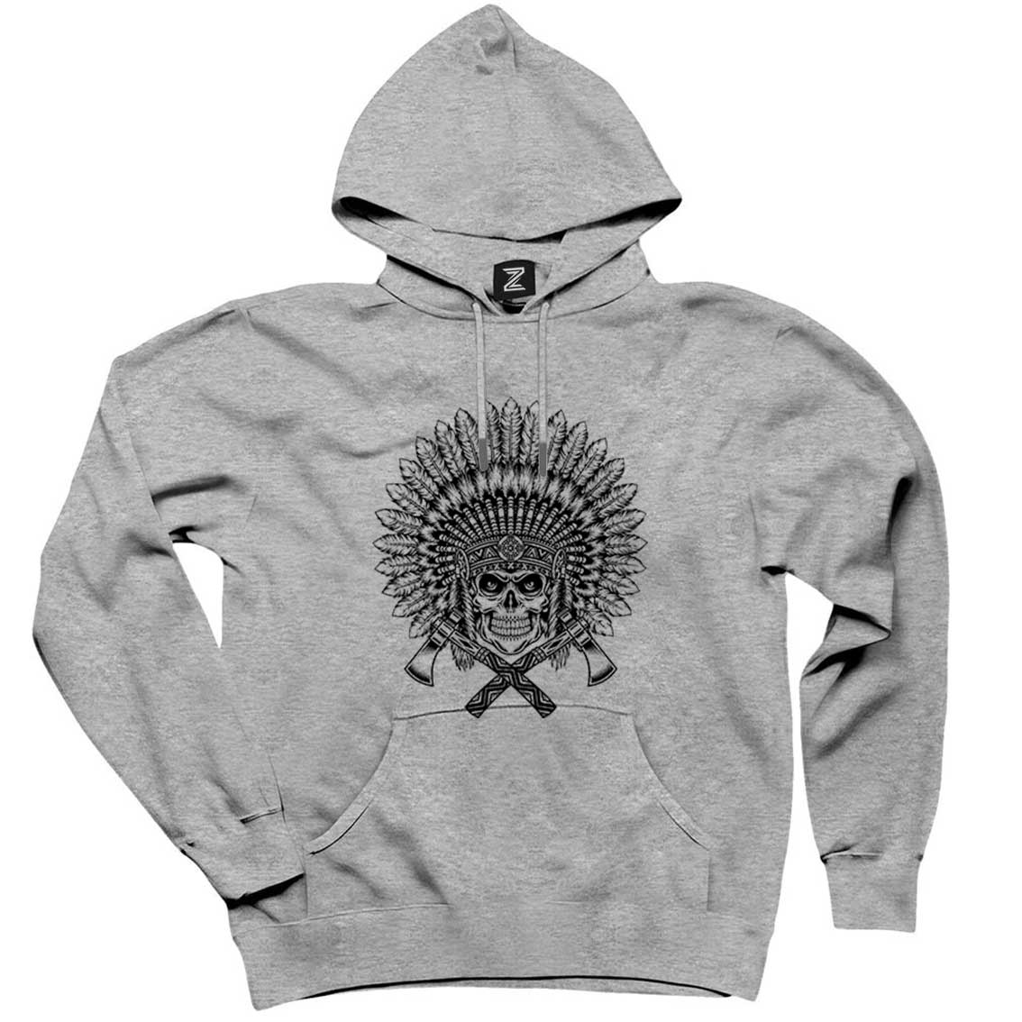 Kızılderili Skull Warrior Gri Kapşonlu Sweatshirt Hoodie