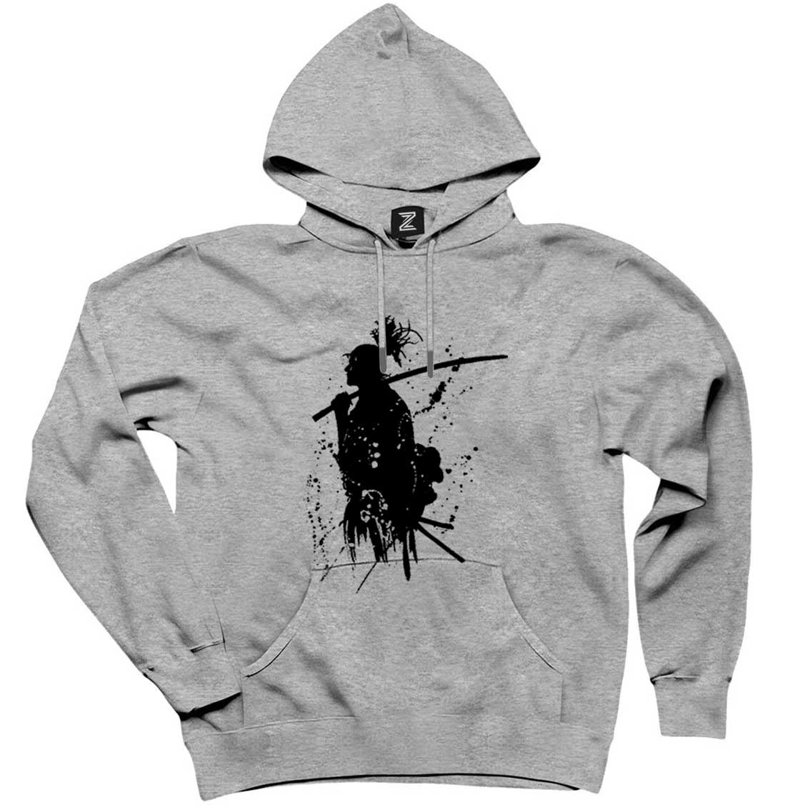 Samurai Miyamoto Musashi Gri Kapşonlu Sweatshirt Hoodie