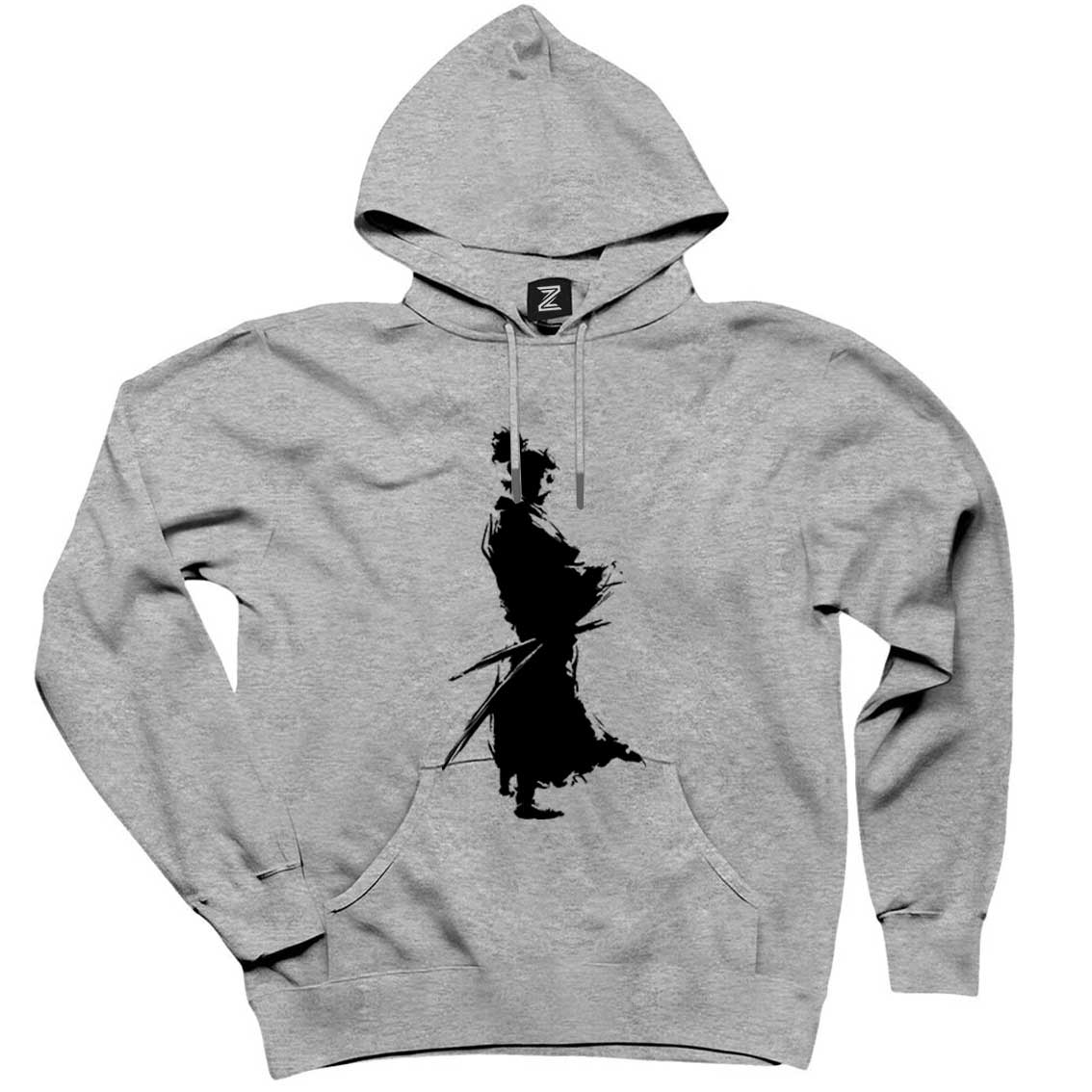 Samurai Musashi Portre Gri Kapşonlu Sweatshirt Hoodie