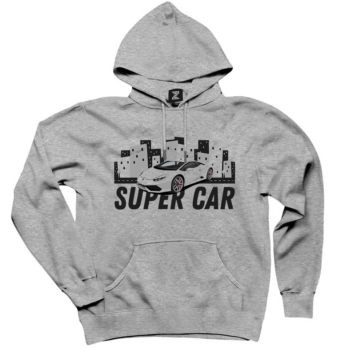 Süper Car Lamborghini Gri Kapşonlu Sweatshirt Hoodie
