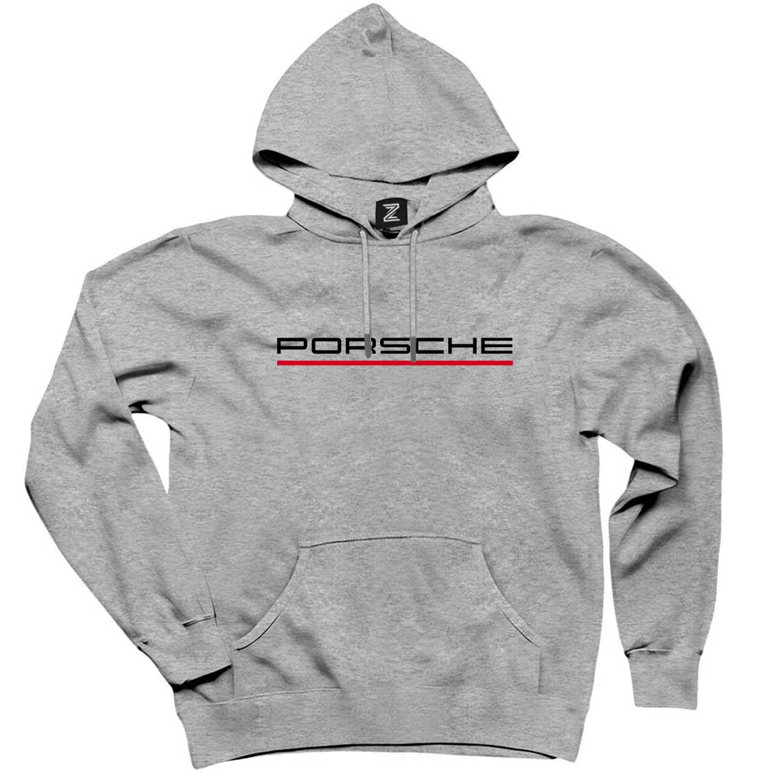 Porsche Text Red Gri Kapşonlu Sweatshirt Hoodie