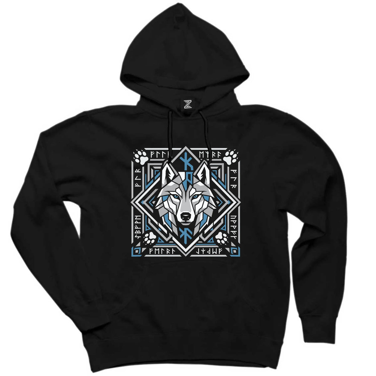 Geometrik Çerçeveli Kurt Başı Baskılı Siyah Kapşonlu Sweatshirt Hoodie