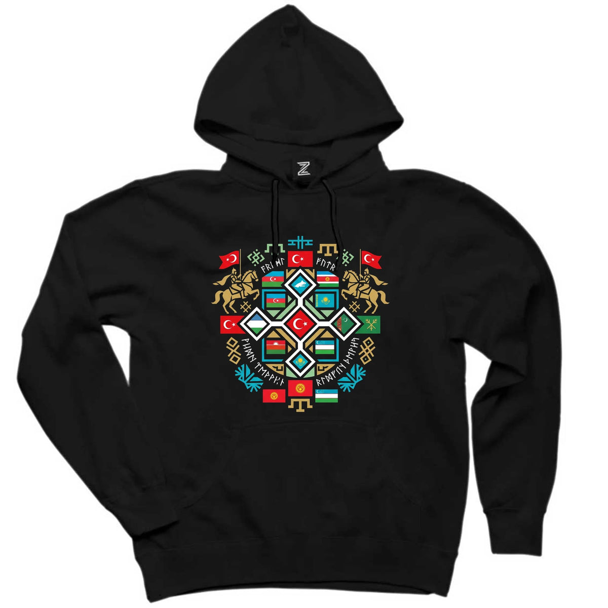 Renkli Mozaik Mandala Türk Motifli Bozkurt Baskılı Siyah Kapşonlu Sweatshirt Hoodie
